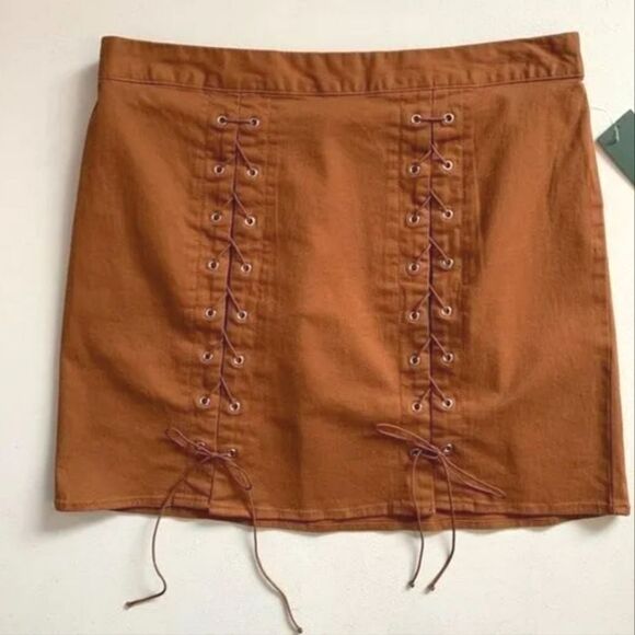 Cognac Brown Grommet Lace-Up Mini Skirt sz xxl - Picture 1 of 9